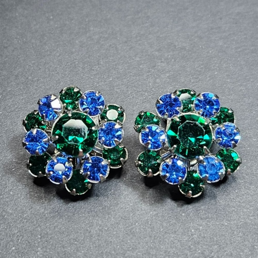Vintage Mid-Century Rhinestone Clip-on Earrings green and blue